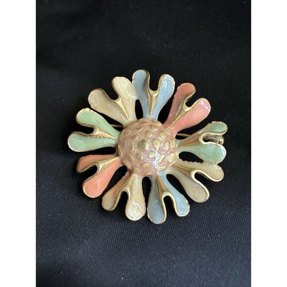 Vintage Pastel Tones Enamel Flower Brooch Pin Brush Gold Tone Modern Design 1.5" - Picture 4 of 9